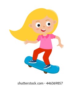 Summer activity skateboarding concept. Vector illustration of skateboarder girl riding on skateboard in cartoon style isolated on white background. Summer break, girl having free time. Happy child.