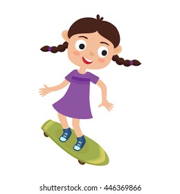 Summer activity skateboarding concept. Vector illustration of skateboarder girl riding on skateboard in cartoon style isolated on white background. Summer break, girl having free time. Happy child.