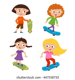 Summer activity skateboarding concept. Vector set of skateboarder girls stand with skateboard in cartoon style isolated on white background. Summer break, girls having free time. Happy child.