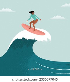 Summer activity, Surfing on ocean big wave. Water surfing, Happy surfer on surfboard, Active vacation on beach. Sea, Sky, Cloud. Grunge effect drawing. Trendy flat design. Simple vector illustration.