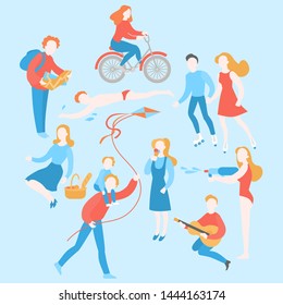 Summer activity vector illustration. Cartoon people in park eating, riding, swimming,travelling, playing guitar, flying kite, having picnic, water fight and ice-cream. Flat couple and person outdoor