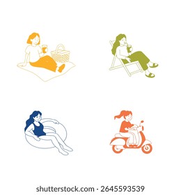 summer activity vector set, girl on a moped, picnic and in the pool