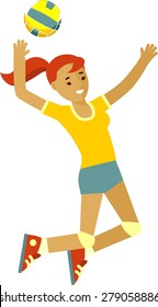Summer activity volleyball concept with smiling beautiful girl playing volleyball in flat style isolated on white background