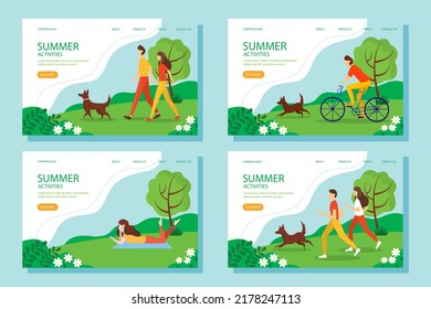 Summer activity web banner set. The concept of an active and healthy lifestyle. Vector illustration in flat style.