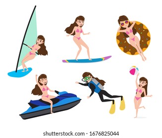 Summer activity woman characters vector set.  Female character in summer water sport adventure like jet skiing, surfing, scuba diving and water floating isolated in white background. 