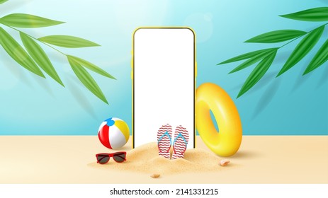 Summer ad banner template. Bright banner with phone, tropical plants, sand, sunglasses, flip flops, inflatable ring and ball. Vector 3d ad illustration for promotion of summer goods.