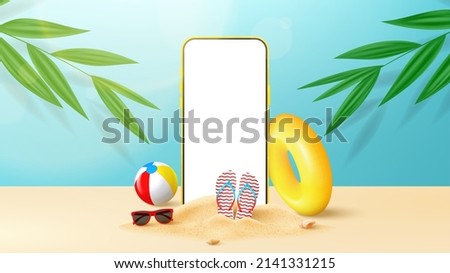 Summer ad banner template. Bright banner with phone, tropical plants, sand, sunglasses, flip flops, inflatable ring and ball. Vector 3d ad illustration for promotion of summer goods.