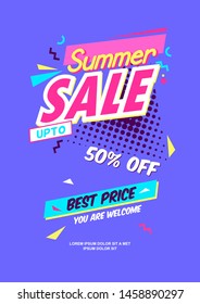 Summer ad sale poster in pop-art style. Bright colorful text and shapes for your summer specials. Vector background template.