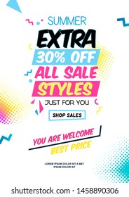 Summer ad sale poster in pop-art style. Bright colorful text and shapes for your summer specials. Vector background template.