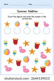 Summer addition worksheet. Count and write activity for preschool and kindergarten. Great for summer school, homeschooling, or classroom activities.