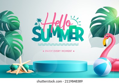 Summer ads vector background design. Hello summer greeting text with studio backdrop elements for photoshoot advertisement. Vector illustration.
