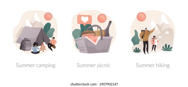 Conjunto de ilustraciones vectoriales de concepto abstracto de aventura de verano. Camping de verano, picnic y senderismo, parque nacional, programa de scout, habilidades de supervivencia, tiempo de ocio, comida familiar al aire libre metáfora abstracta.