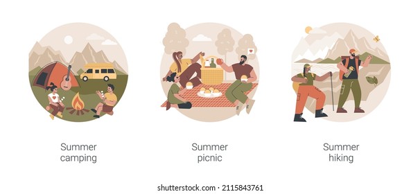 Summer adventure abstract concept vector illustration set. Summer camping, picnic and hiking, national park, scout program, survival skills, leisure time, family eating outdoors abstract metaphor.