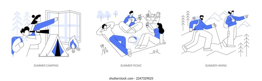 Summer adventure abstract concept vector illustration set. Summer camping, picnic and hiking, national park, scout program, survival skills, leisure time, family eating outdoors abstract metaphor.