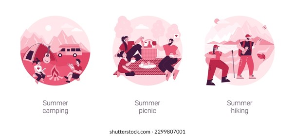 Sommerabenteuer abstraktes Konzept Vektorgrafik Set. Sommercampingplatz, Picknick und Wandern, Nationalpark, Scout-Programm, Überlebensfähigkeiten, Freizeit, Familienessen im Freien abstrakte Metapher.