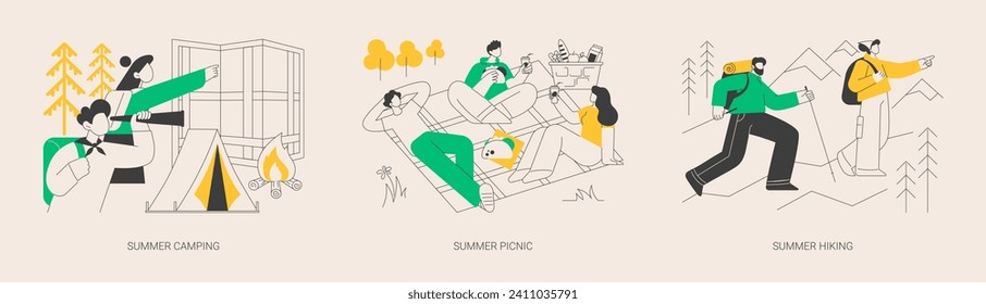 Summer adventure abstract concept vector illustration set. Summer camping, picnic and hiking, national park, scout program, survival skills, leisure time, family eating outdoors abstract metaphor.