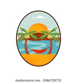 Summer adventure badge. Beach adventure label in retro style. Palms logo graphics for t-shirt. Stock vector artwork