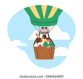 Una aventura de verano con globos. Amigos disfrutan de un vuelo en globo aerostático en el cielo entre las nubes. Una Ilustración vectorial que representa la emoción de viajar.