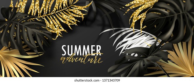 Summer adventure banner.Beautiful Background with black,white and golden tropical leaves. Vector illustration for website , posters,ads, coupons, promotional material