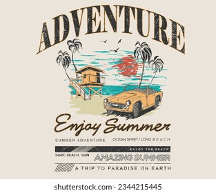Summer adventure. Beach adventure graphic print design. Beach vibes print design for  apparel, stickers, posters, background and others. Enjoy summer time vector design.