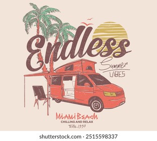 Summer adventure by travel car. Sunshine paradise graphic print design. Enjoy beach life. Summer vibes artwork. Surf club design.