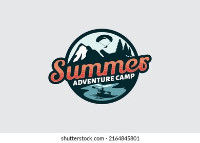 
summer adventure camp logo with peoples doing outdoor activities, paragliding, canoeing.