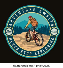 Summer adventure colorful round vintage label with traveler riding bicycle on forest and mountain landscape isolated vector illustration