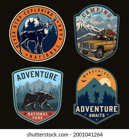 Summer adventure colorful vintage emblems with walking bear deer travel car with camping accessories on roof traveler with backpack and trekking poles isolated vector illustration