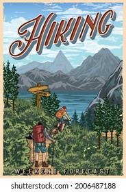 Summer adventure colorful vintage poster with man hiker with trekking poles and cyclist traveler moving on path to river on nature landscape vector illustration