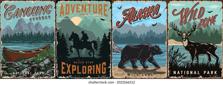 Summer adventure colorful vintage posters with wooden canoe on lake traveler riding horse bear and deer on nature landscapes vector illustration