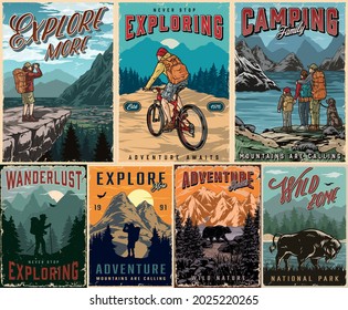 Summer adventure colorful vintage posters with cyclist traveler hikers family campers dog bear and bison on beautiful nature landscapes vector illustration