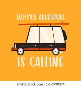 Summer adventure concept vector design with camping van on a yellow background