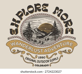 Aventura de verão. Explore mais. Montanha com urso vintage arte para vestuário, adesivo, lote, fundo, cartaz e outros.