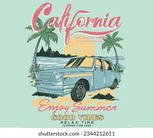 Summer adventure graphic print design. Beach vibes print design for  apparel, stickers, posters, background and others. California road trip.