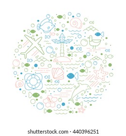  Summer adventure illustration. Vector nautical  icon set.