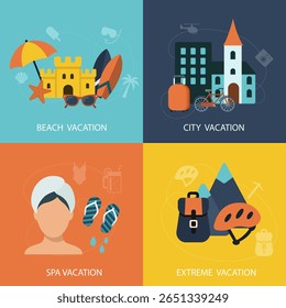 Summer adventure journey to resort and travel around world flat color decorative icon set isolated vector illustration. Illustration for vacation: beach, spa, city and extreme traveling