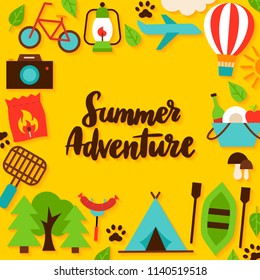 Summer Adventure Lettering Postcard. Vector Illustration of Flat Style Camping Poster.