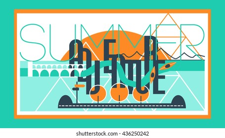 Summer Adventure Logotype Conception with Tunnel, Mountain River, Kayaking, Bridge.