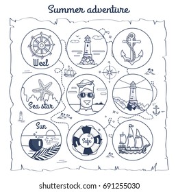 Summer adventure map. Black-and-white vector illustration of wheel, lighthouses, anchor, sea star, sailor, lifebuoy, ship and a few inscriptions
