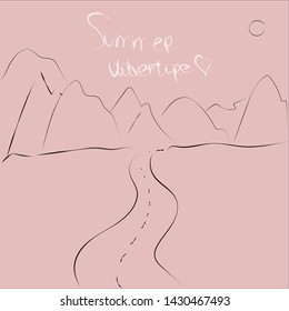 Summer adventure poster with lettering. Vector touristic label template with hand drawn mountains and road on a pink backgrounde. illustration. Outline style,Summer vacation concept. Design elements.