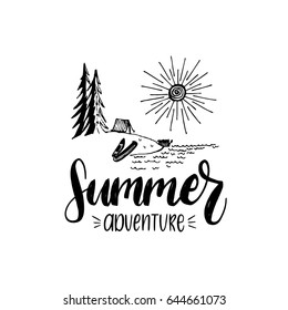 Summer adventure poster with lettering. Vector touristic label template with hand drawn forest lake illustration. Camp emblem design.