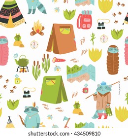 Summer adventure seamless vector pattern. Cute camping elements and adorable raccoons.