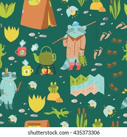 Summer adventure seamless vector pattern. Cute camping elements and adorable raccoons.