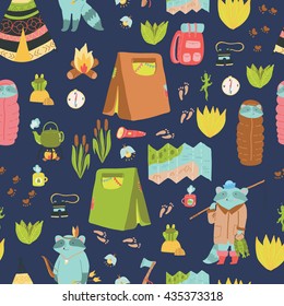 Summer adventure seamless vector pattern. Cute camping elements and adorable raccoons.