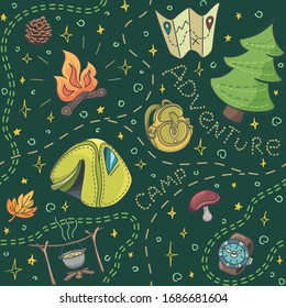 Summer adventure set, camp in the forest, vector colorful seamless pattern with doodle style, objects of nature and hiking, on dark green background, cute cartoon tourism elements.