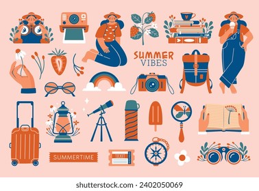 Summer adventure set clip arts. Cute vector illustrations about summertime, travels with girl in hat, polaroid, camera, suitcase, rainbow, backpack, hand holding flower, ice cream, books. For stickers