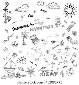Summer Adventure. Sketch icons. The hand drawn collection of elements, signs, symbols about holiday. Tropical vacation.  Doodle decoration isolated objects. Vector illustration.