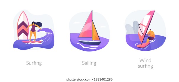 Summer adventure sport abstract concept vector illustration set. Surfing, sailing and windsurfing, yacht club, beach holiday, extreme lifestyle, water sport, summer vacation abstract metaphor.