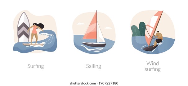 Summer adventure sport abstract concept vector illustration set. Surfing, sailing and windsurfing, yacht club, beach holiday, extreme lifestyle, water sport, summer vacation abstract metaphor.