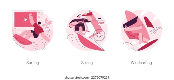 Summer adventure sport abstract concept vector illustration set. Surfing, sailing and windsurfing, yacht club, beach holiday, extreme lifestyle, water sport, summer vacation abstract metaphor.